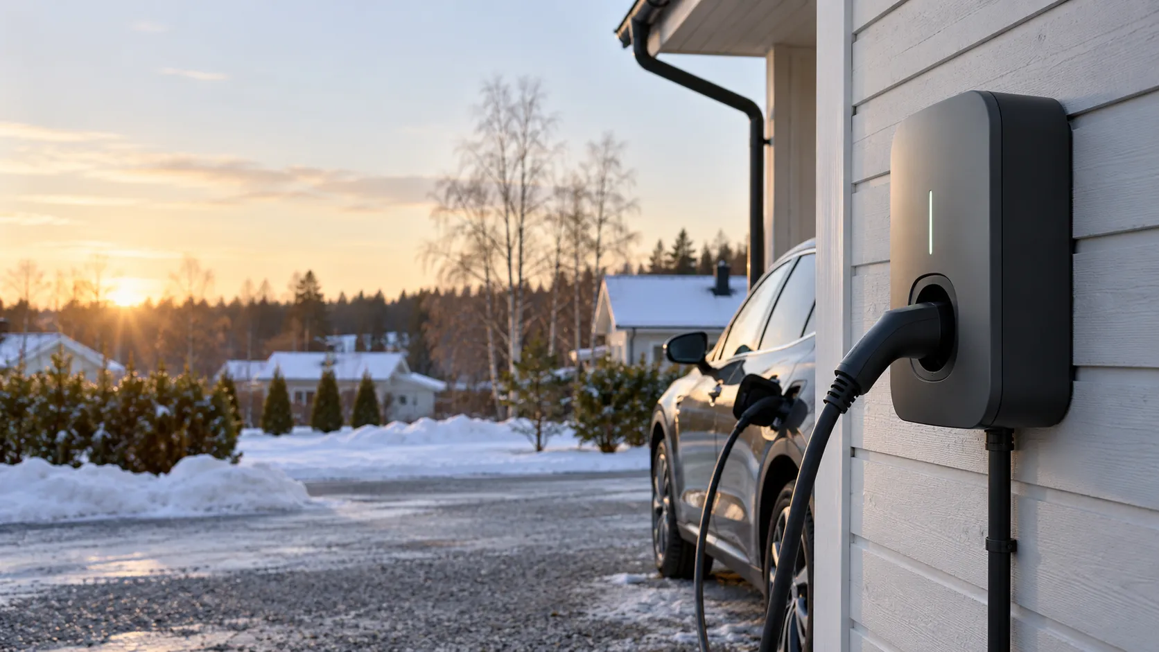 Sähköauto latautumassa omakotitalon seinään asennetusta latauslaitteesta talvi-iltana