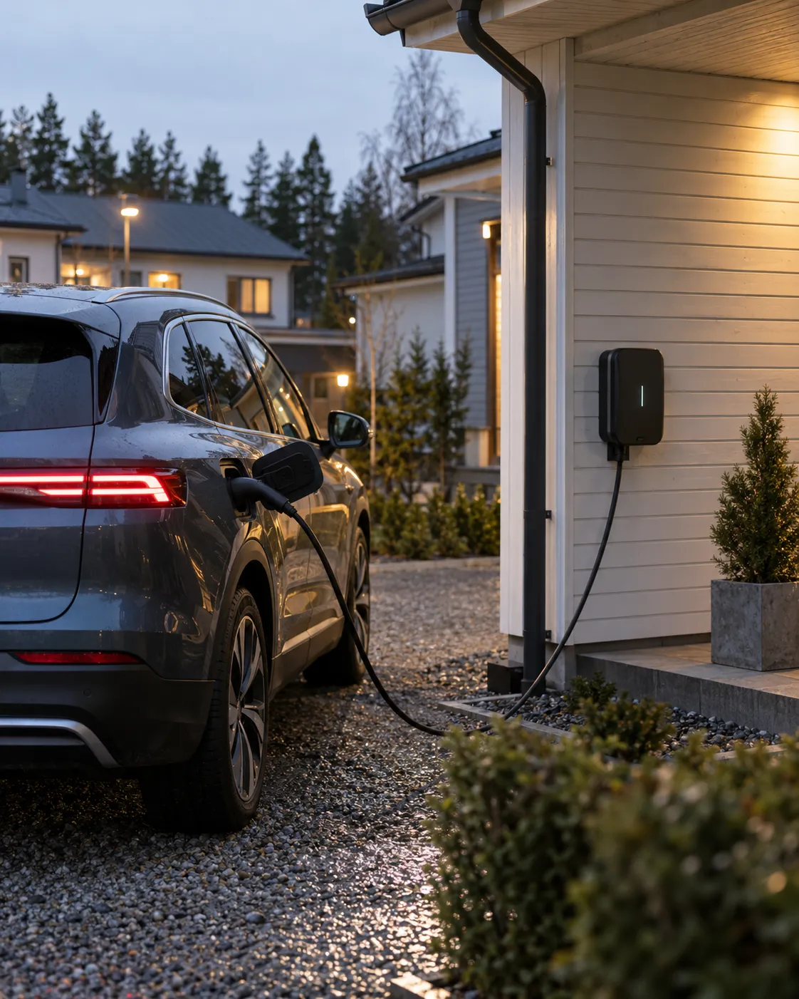 Sähköauto latautumassa omakotitalon seinään asennetusta latauslaitteesta
