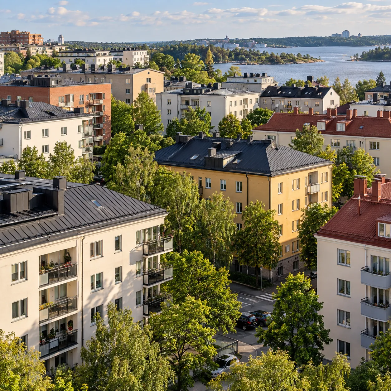 Pääkaupunkiseudun kerrostaloja ja puiden reunustama katu kesäiltana, taustalla merenlahti
